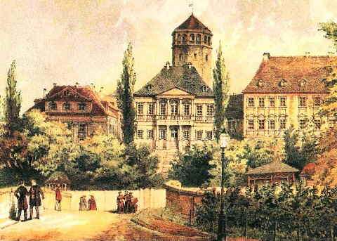 Kolorierte historische Ansicht des Harmoniegebäudes am Schlossberglein mit Spaziergängern in Biedermeier-Kleidung