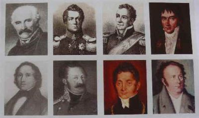 Tafel mit acht historischen Porträts in zwei Reihen — Stiche und Gemälde von Männern des frühen 19. Jahrhunderts, teils in Uniform mit Orden, teils in bürgerlicher Kleidung.
